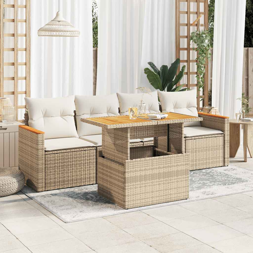 Hagesofaer med puter 5 deler beige polyrotting akasie