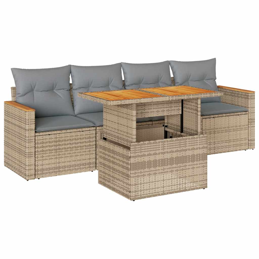 Hagesofaer med puter 5 deler beige polyrotting akasie