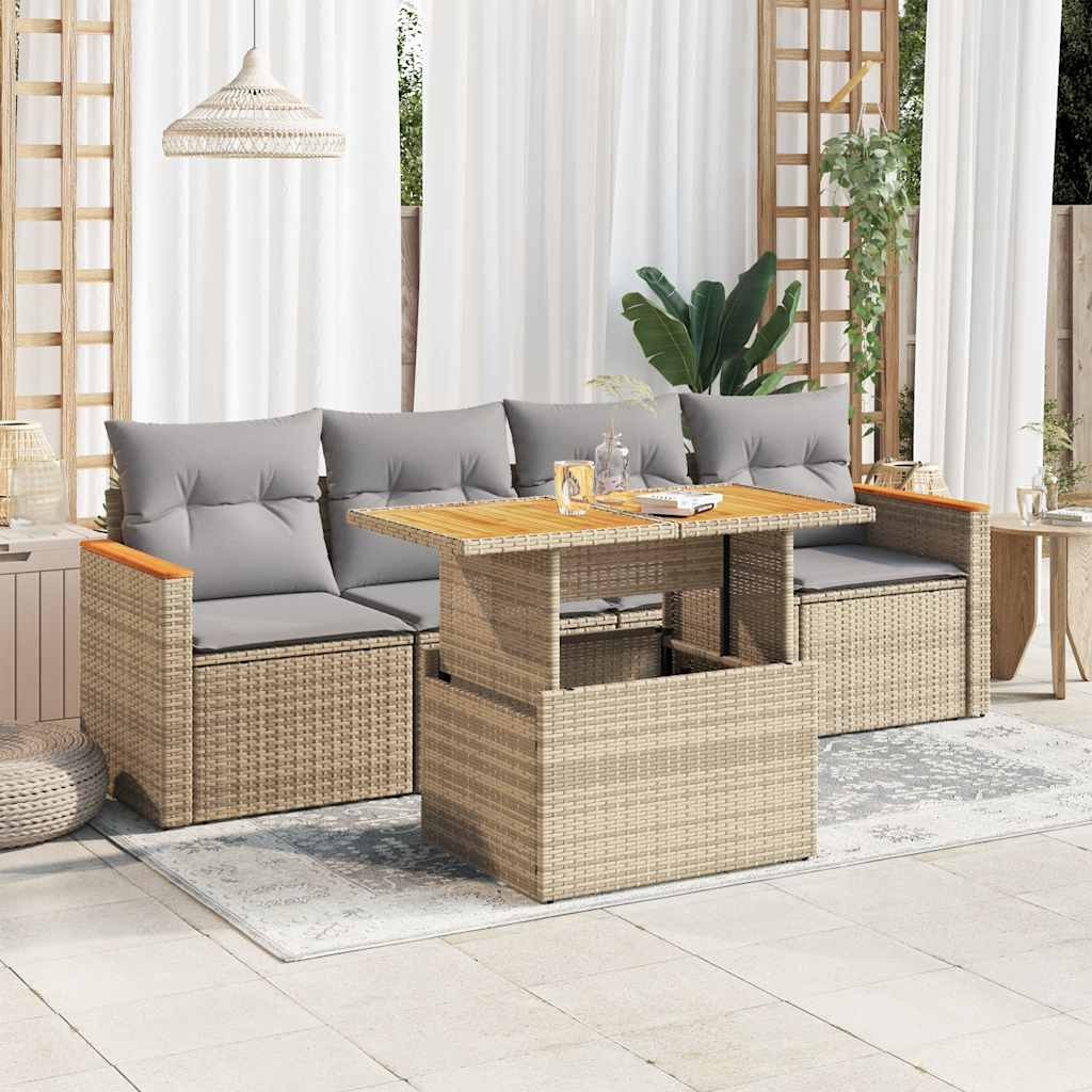 Hagesofaer med puter 5 deler beige polyrotting akasie