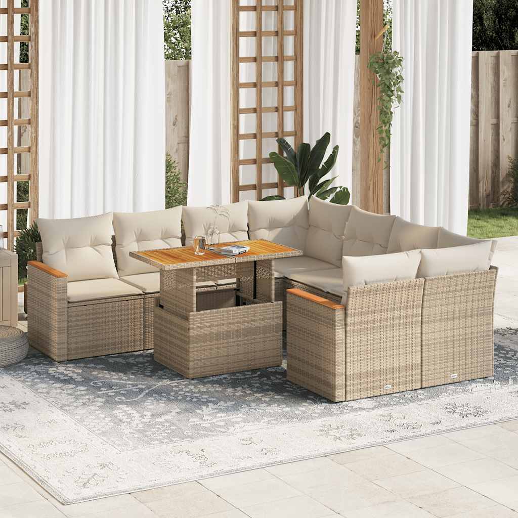 Hagesofaer med puter 9 deler beige polyrotting akasie