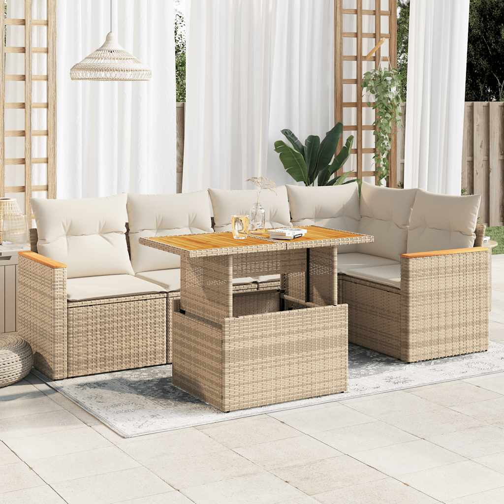 Hagesofaer med puter 6 deler beige polyrotting akasie