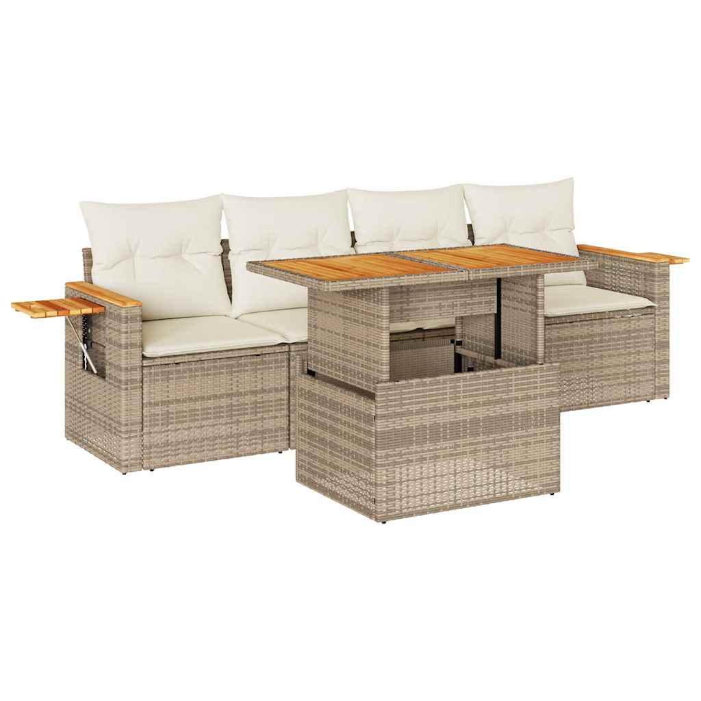 Hagesofaer med puter 5 deler beige polyrotting akasie