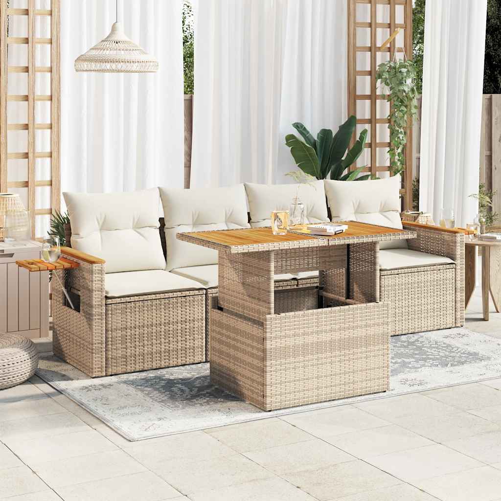 Hagesofaer med puter 5 deler beige polyrotting akasie
