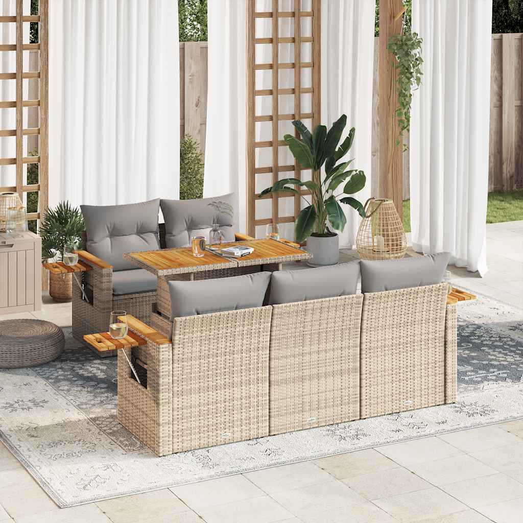 Hagesofaer med puter 6 deler beige polyrotting akasie