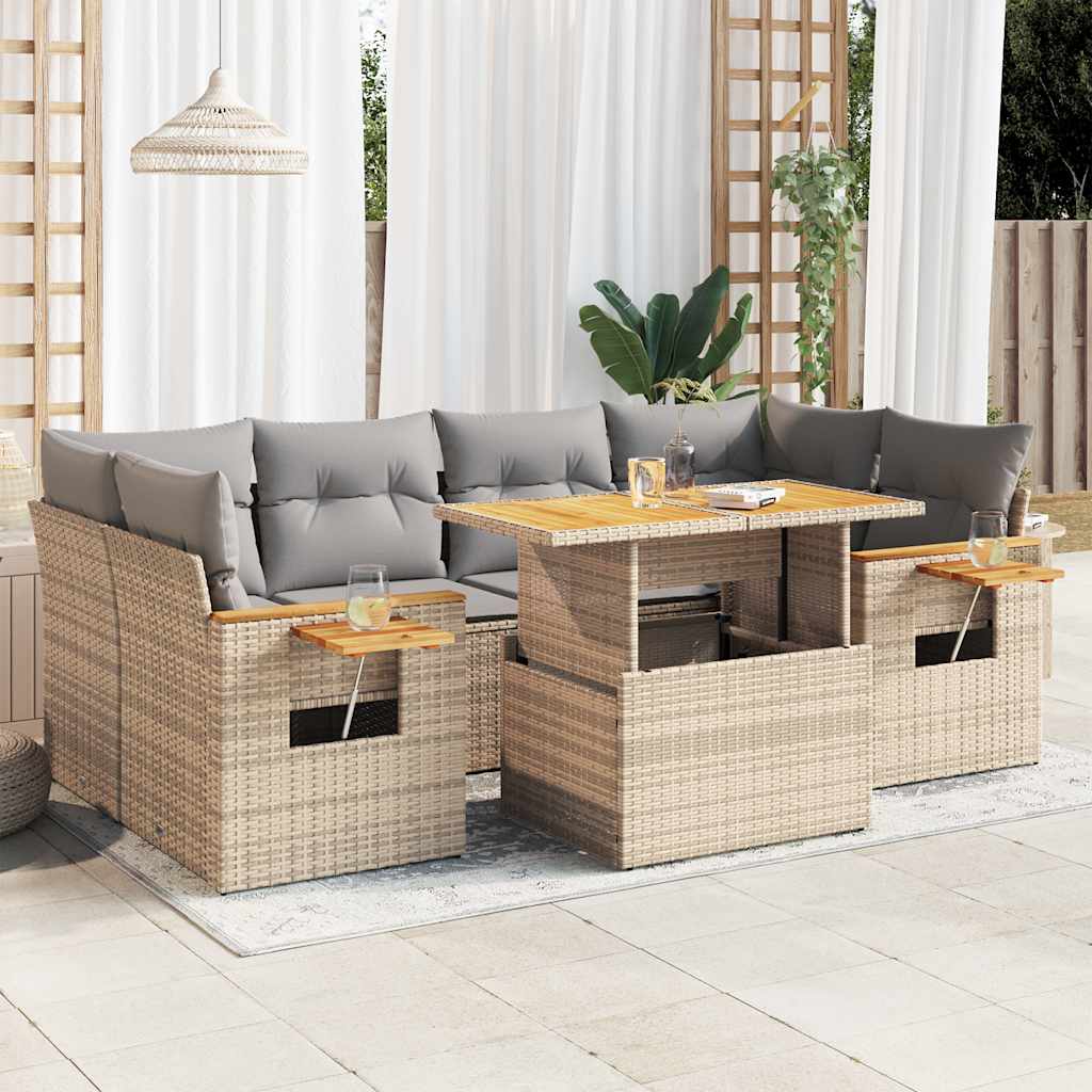 Hagesofaer med puter 7 deler beige polyrotting akasie