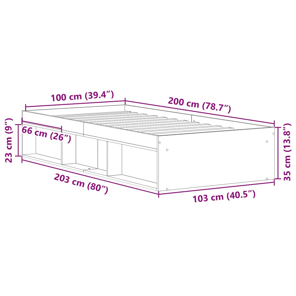 Sengeramme uten madrass gammelt tre 100x200 cm konstruert tre