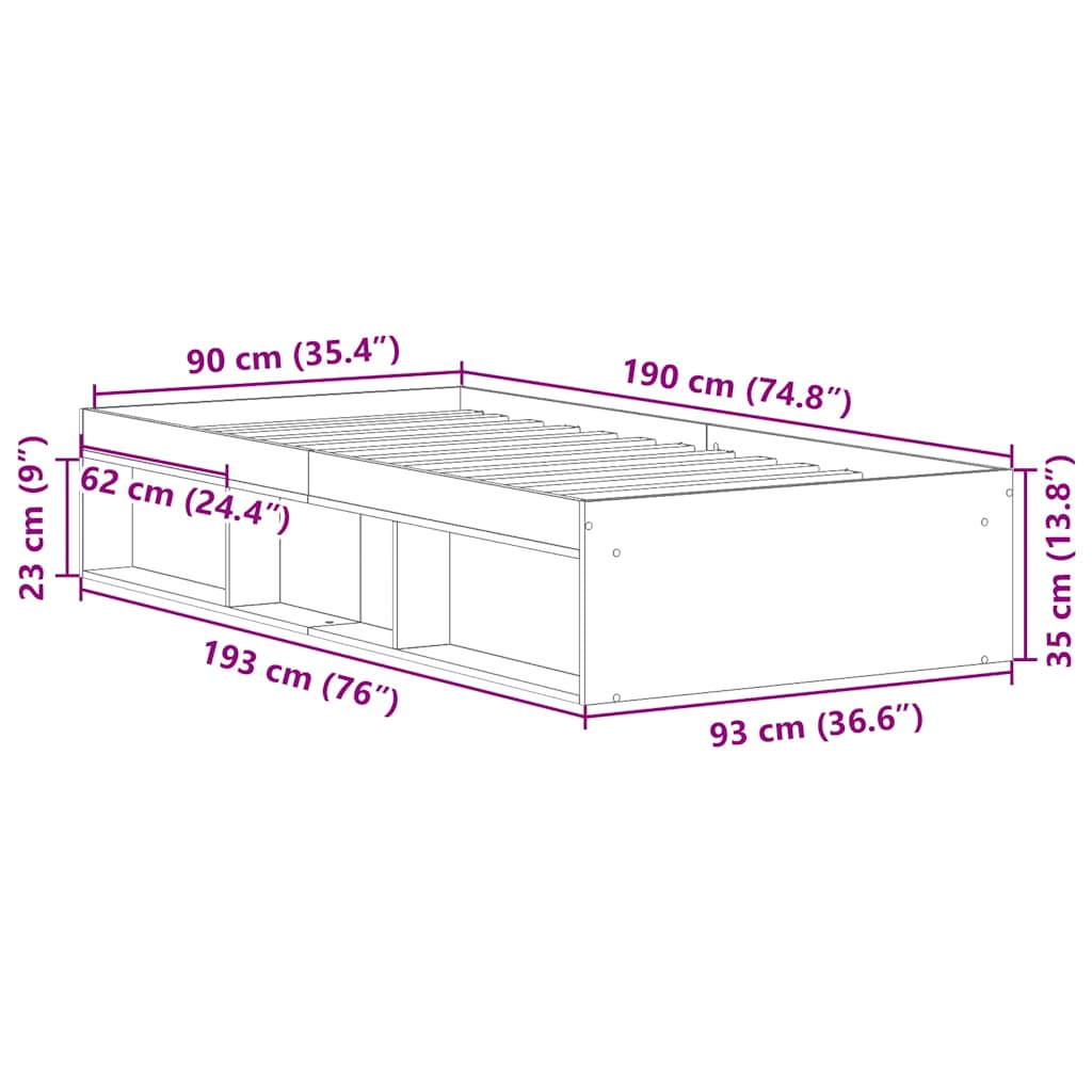 Sengeramme uten madrass artisan eik 90x190 cm konstruert tre