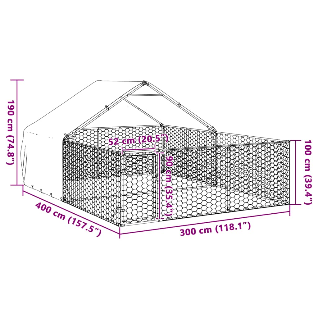 Utendørs hundekennel med løpegård 4x3x1,9 m galvanisert stål