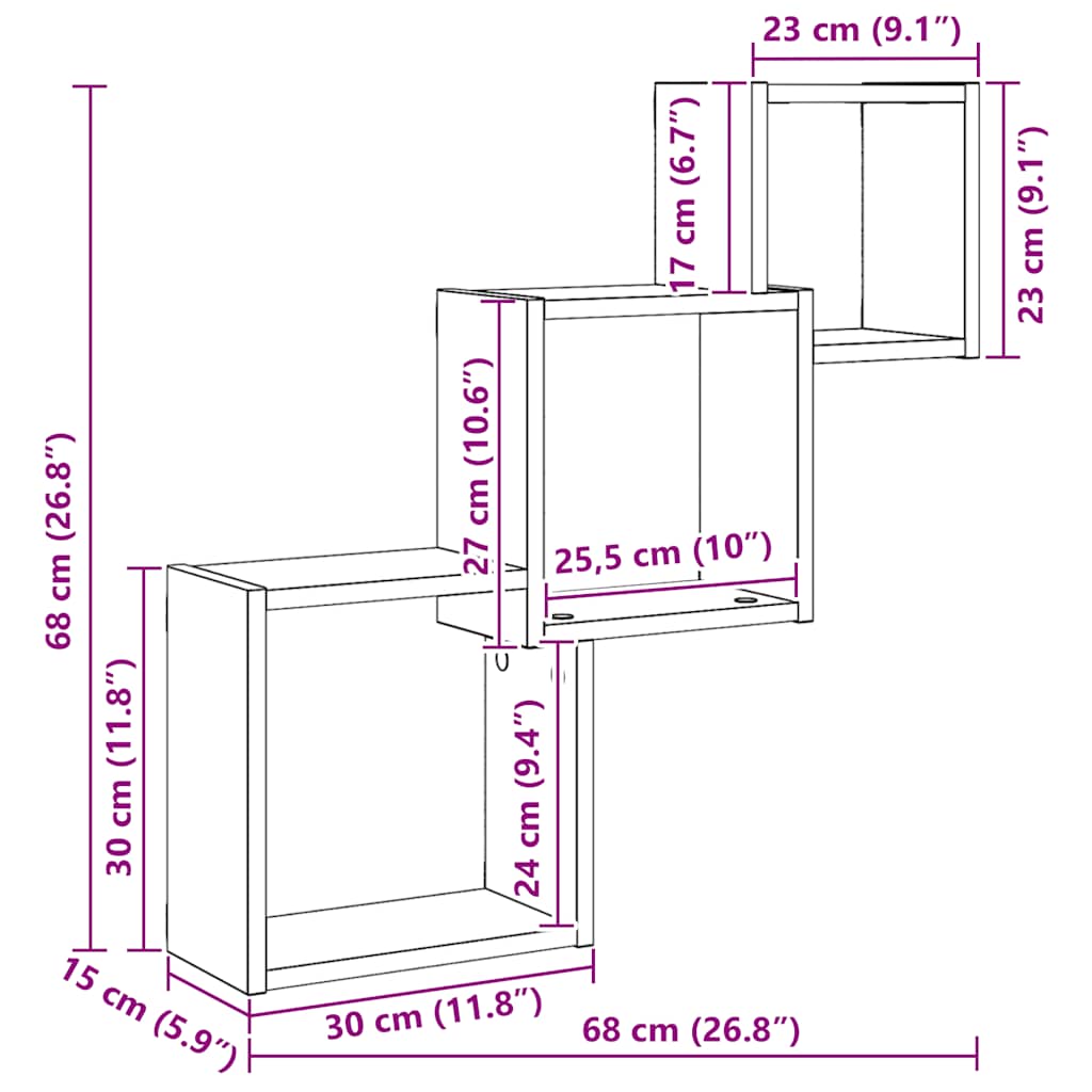 Vegghyller kubeformet svart eik 68x15x68 cm konstruert tre