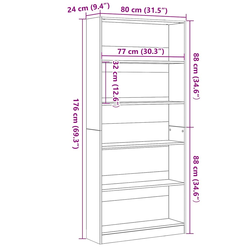 Bokhylle svart eik 80x24x176 cm konstruert tre