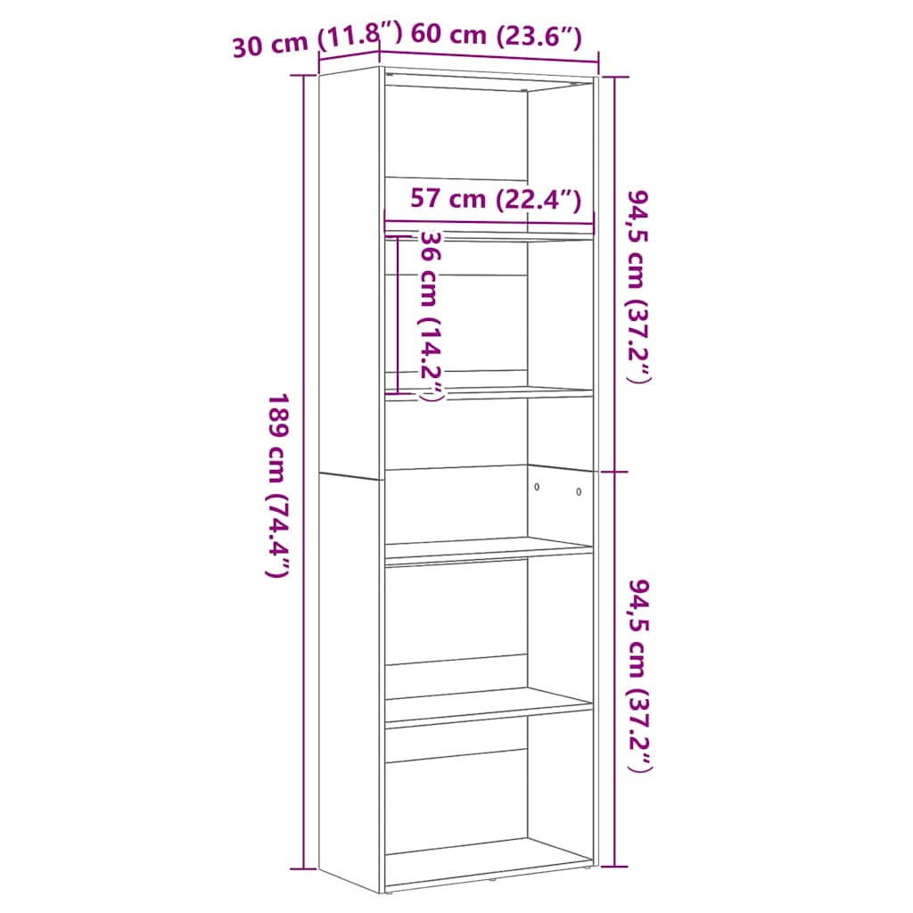 Bokhylle svart eik 60x30x189 cm konstruert tre