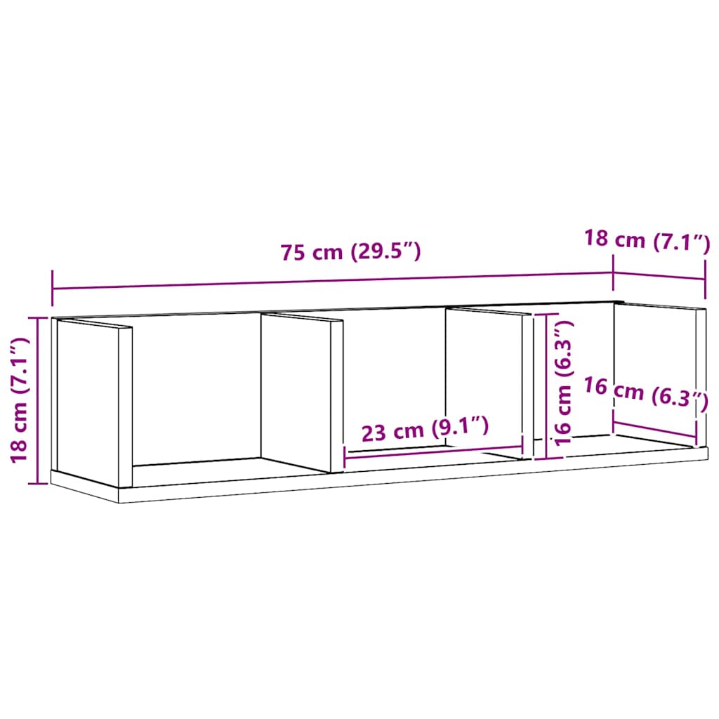 Vegghylle med hylle Svart Eik 75 x 18 x 18 cm Konstruert tre
