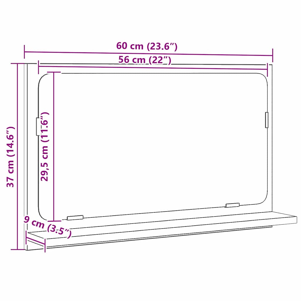 Speilhylle med hylle Svart Eik 60 x 10,5 x 37 cm Konstruert tre