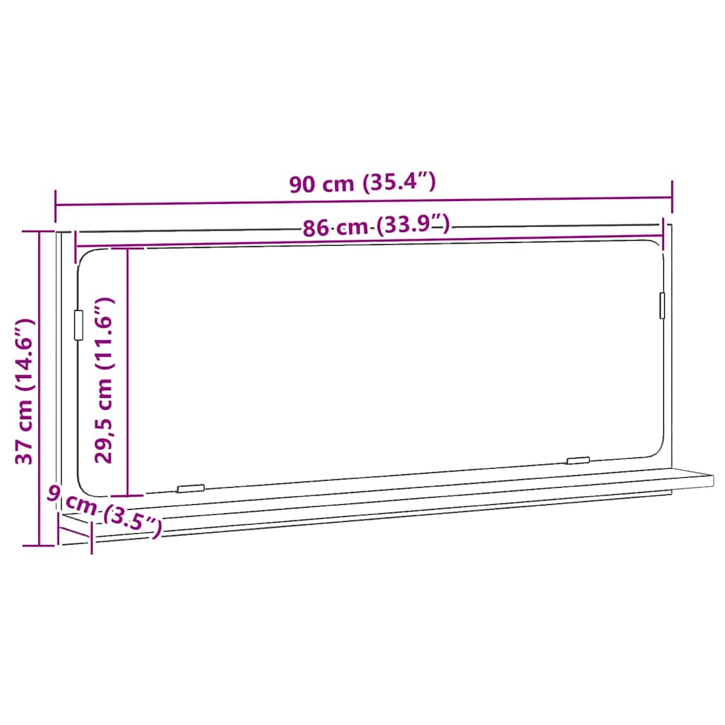 Speilhylle med hylle Svart Eik 90 x 10,5 x 37 cm Konstruert tre