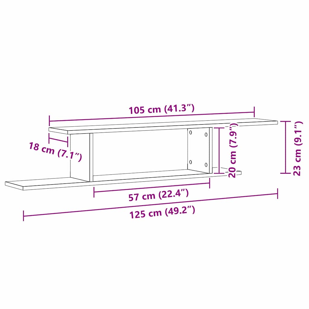 Veggmontert TV-hylle Svart eik 125 x 18 x 23 cm Konstruert tre