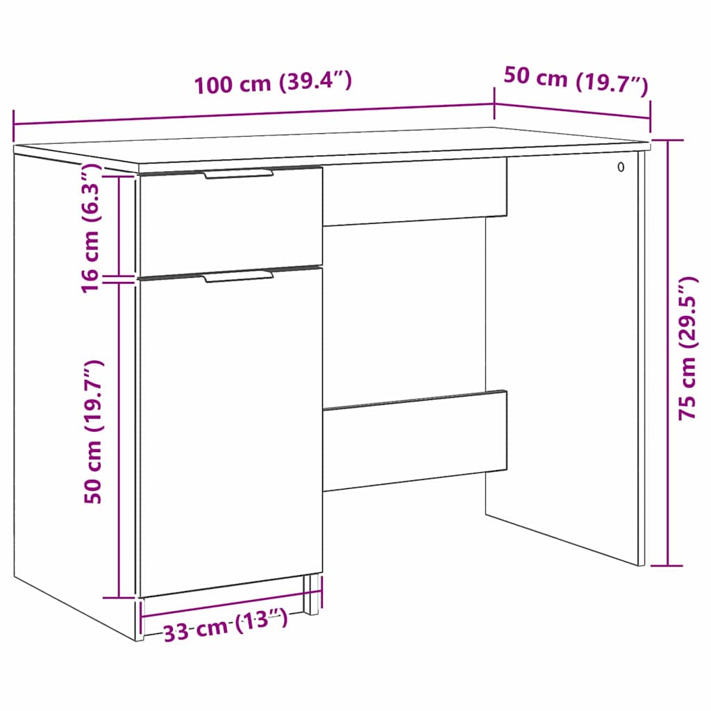 Skrivebord med skuff Svart Eik 100 x 50 x 75 cm Konstruert tre