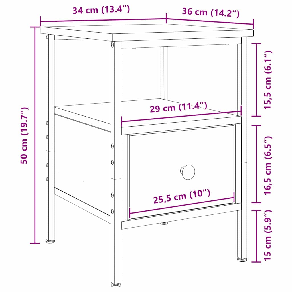 Nattbordskap med skuff Svart Eik 34 x 36 x 50 cm Konstruert tre