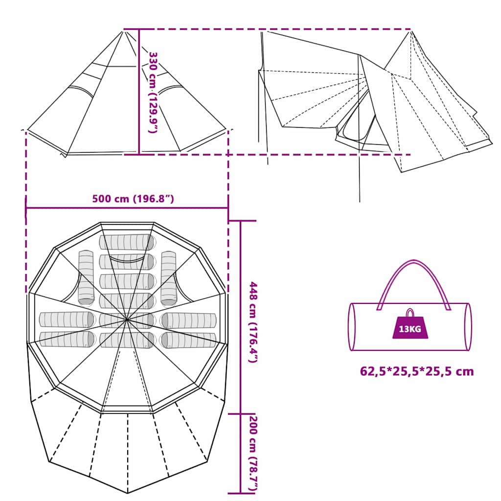 Tipi telt med tak Grå og Oransje 510 x 690 x 330 cm taft