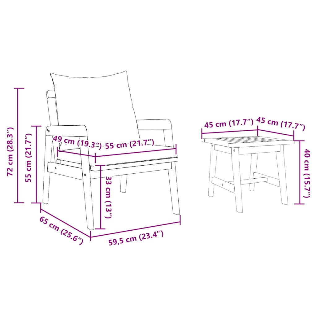 Bistrosett 3 pcs Brun 45 x 45 x 38cm Massivt akasietre