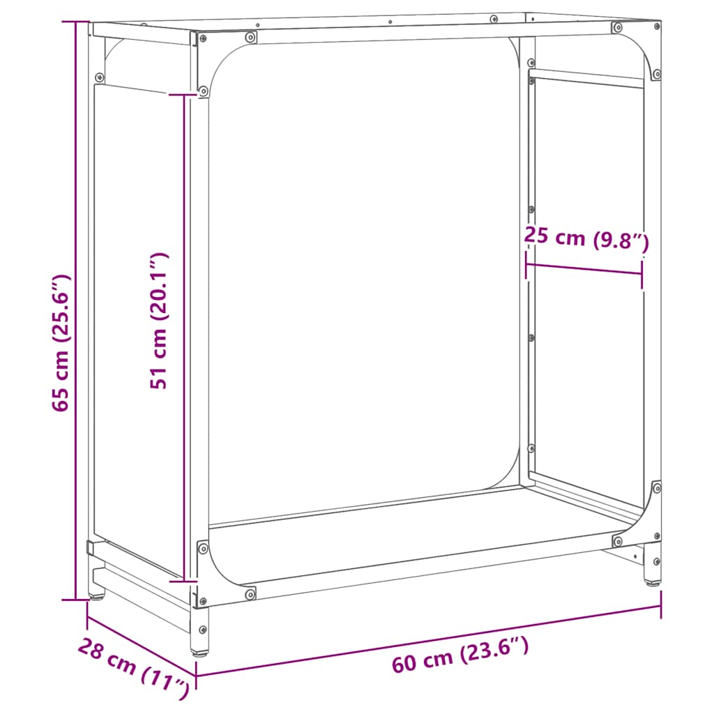 Vedstativ svart 60x28x65 cm kaldvalset stål