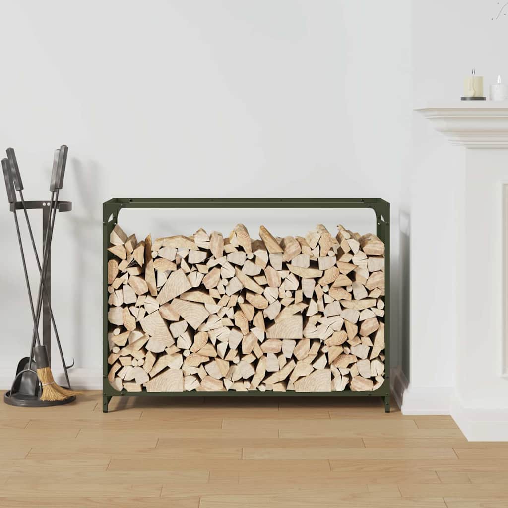 Vedstativ olivengrønn 90x28x65 cm kaldvalset stål