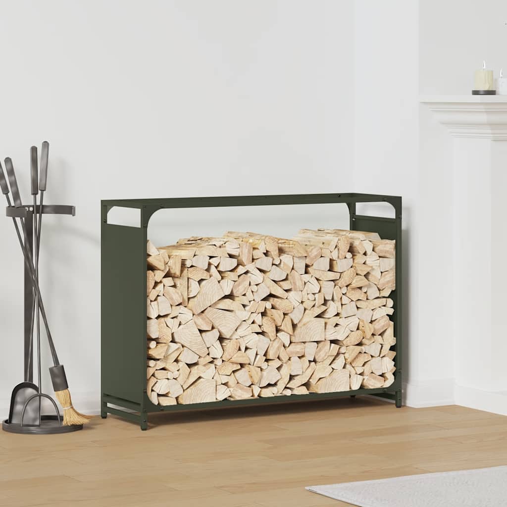 Vedstativ olivengrønn 90x28x65 cm kaldvalset stål