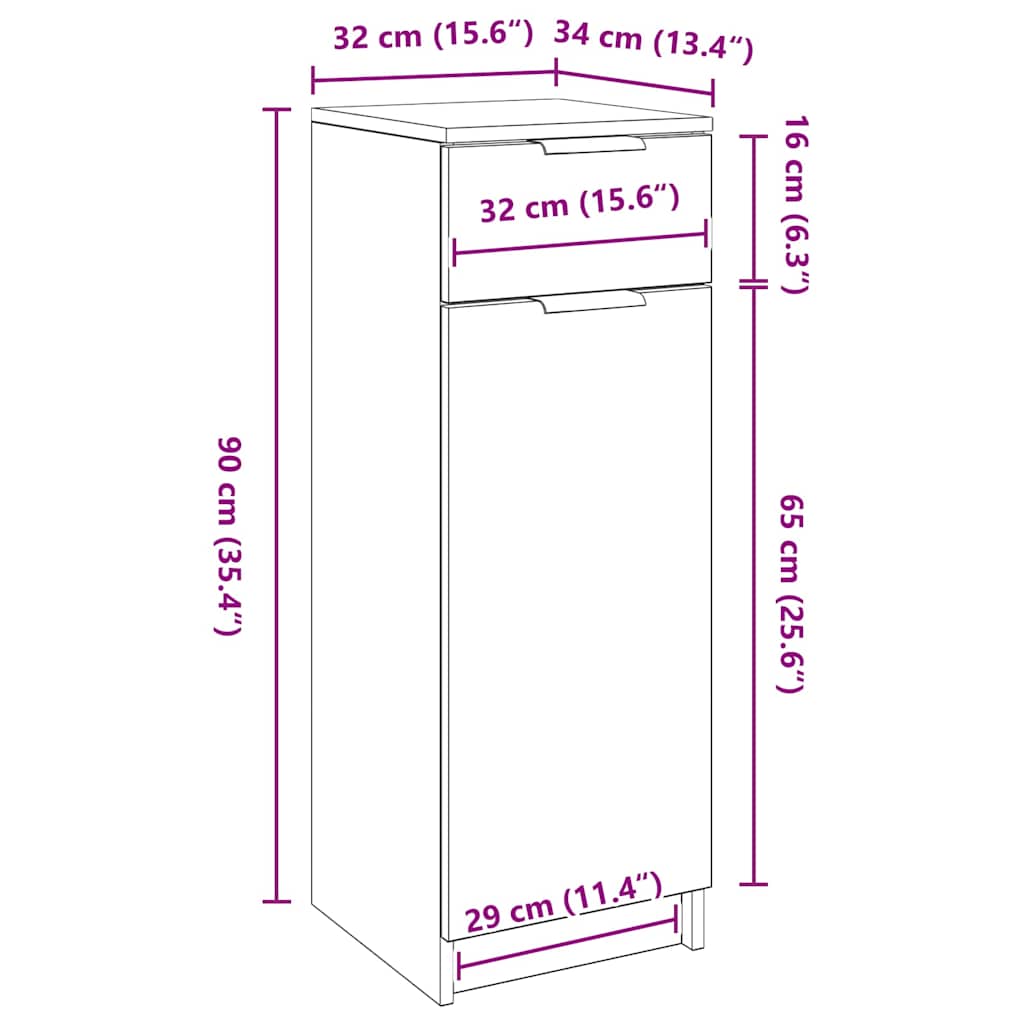 Baderomsskap med skuff Svart eik 32 x 34 x 90 cm Konstruert tre