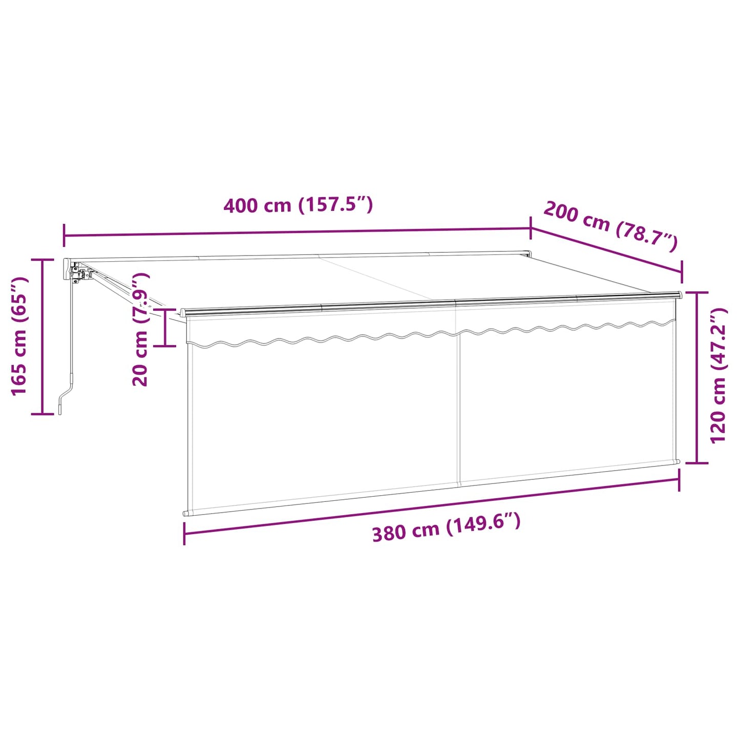 Innvendbar Markise Antrasitt 400 x 200 cm