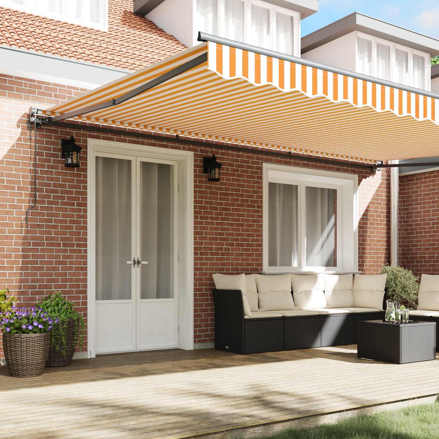 Markiseramme Gul og hvit 500 × 300 cm Polyester med PU-belegg