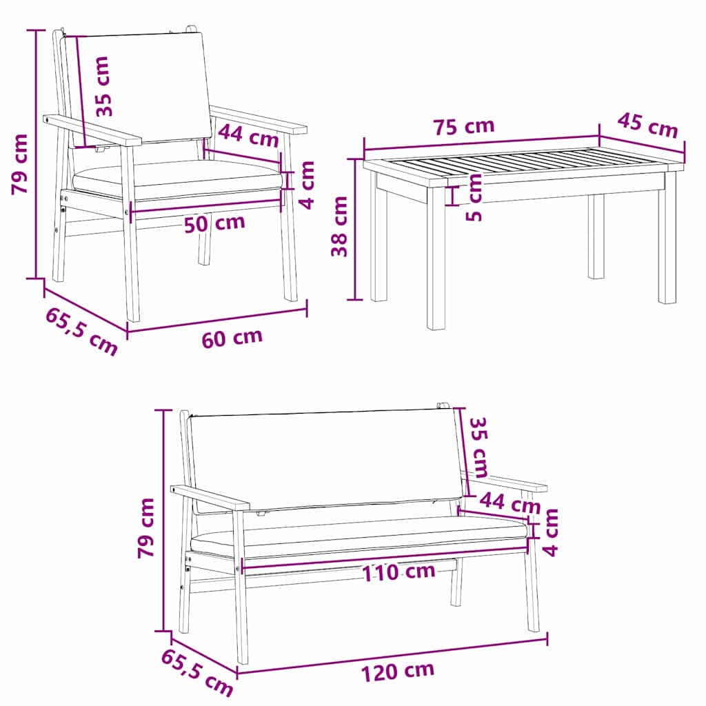 Hagesofa Set 5 pcs Brun 75 x 45 x 38cm Massivt akasietre