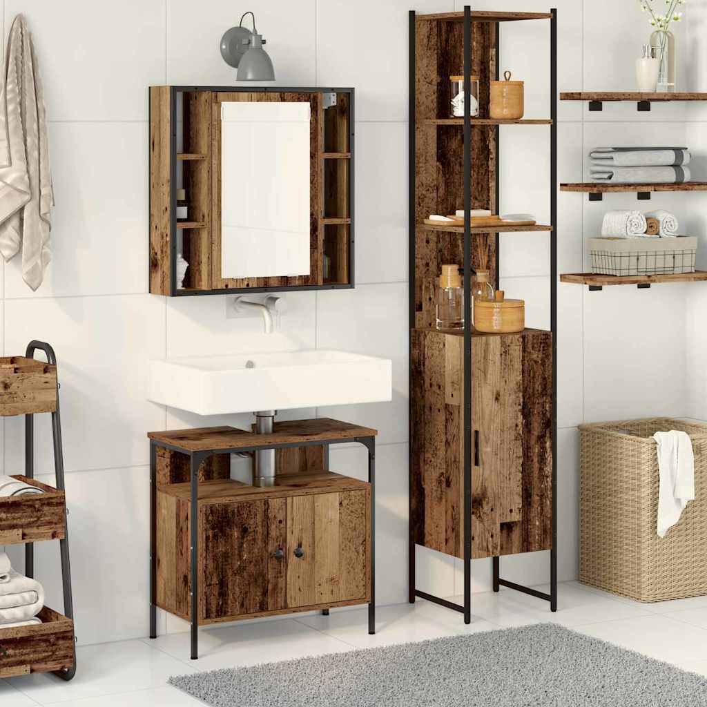 Baderomsskapsett med hylle 3 pcs Gammelt tre 33 x 33 x 185.5 cm