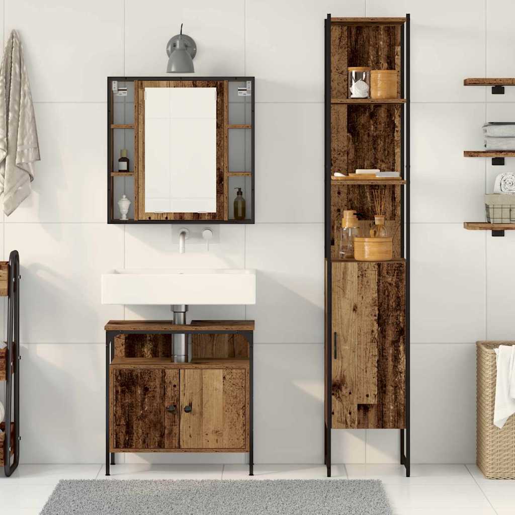 Baderomsskapsett med hylle 3 pcs Gammelt tre 33 x 33 x 185.5 cm