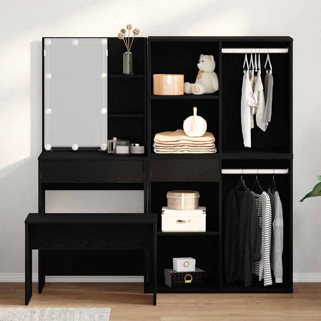 Dressingbordsett med LED 4 pcs Svart Eik Konstruert tre