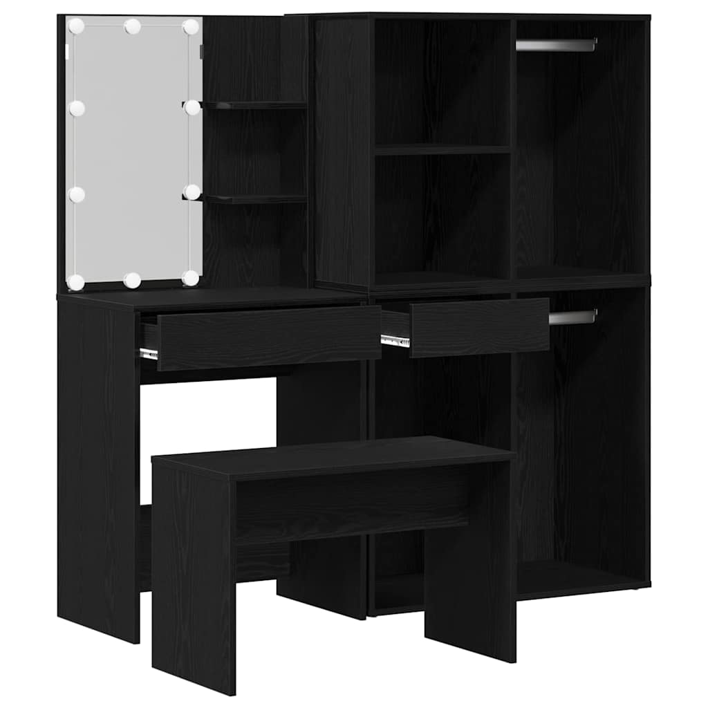 Dressingbordsett med LED 4 pcs Svart Eik Konstruert tre