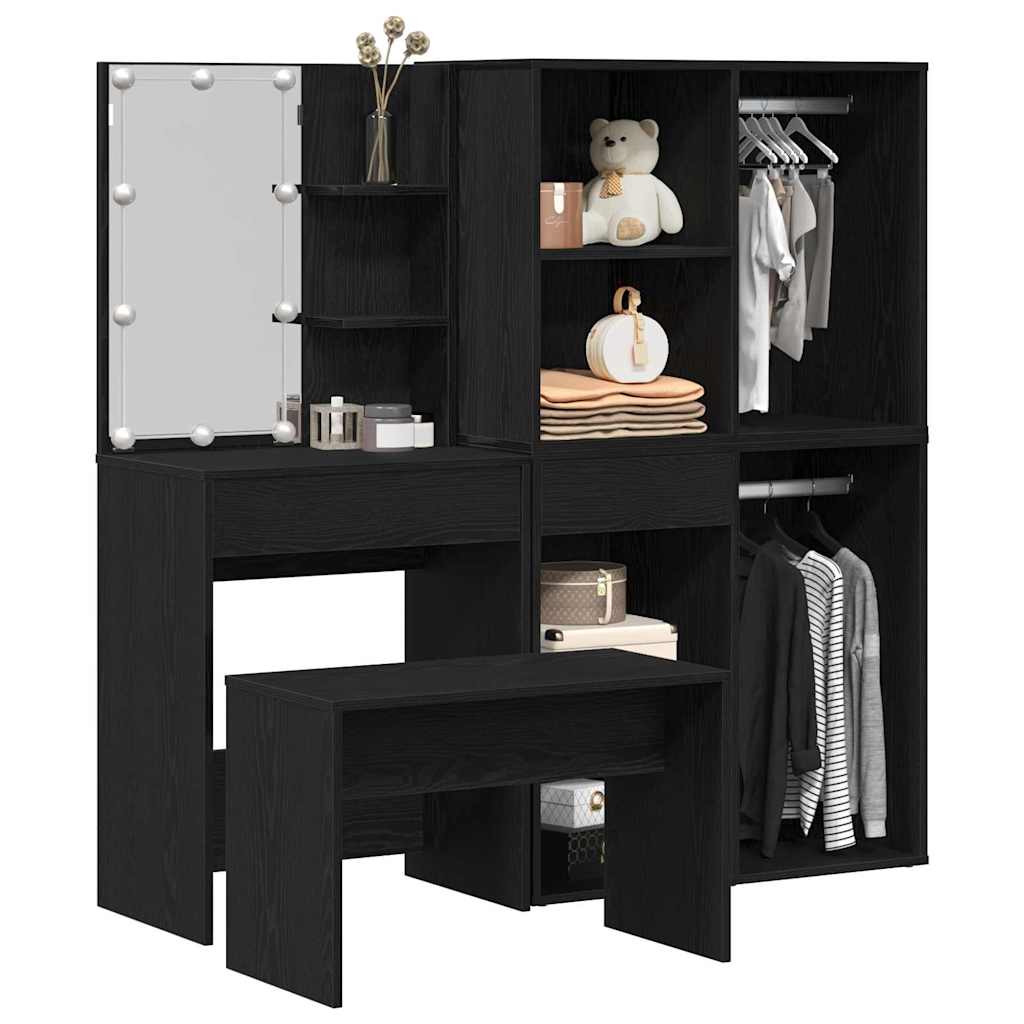 Dressingbordsett med LED 4 pcs Svart Eik Konstruert tre