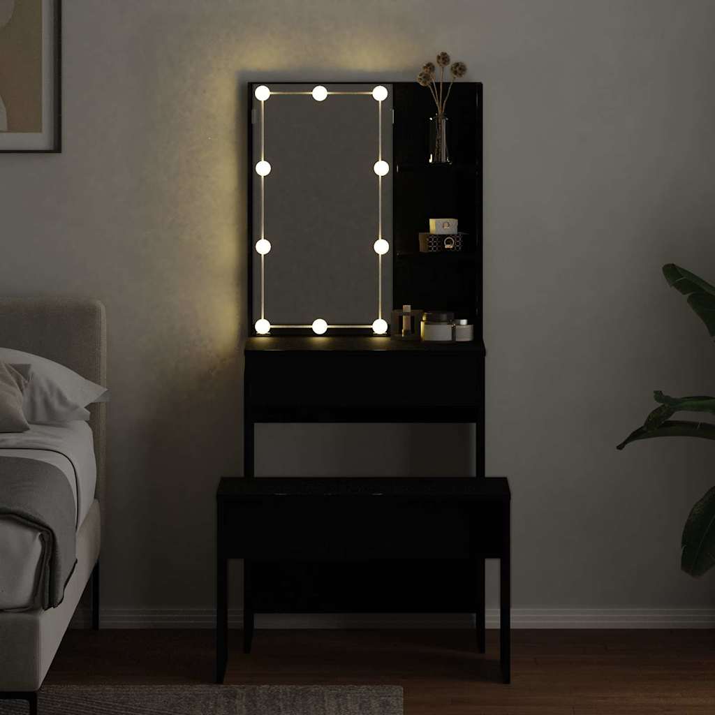 LED Sminkebordsett med speillys 2 pcs Svart Eik Konstruert tre
