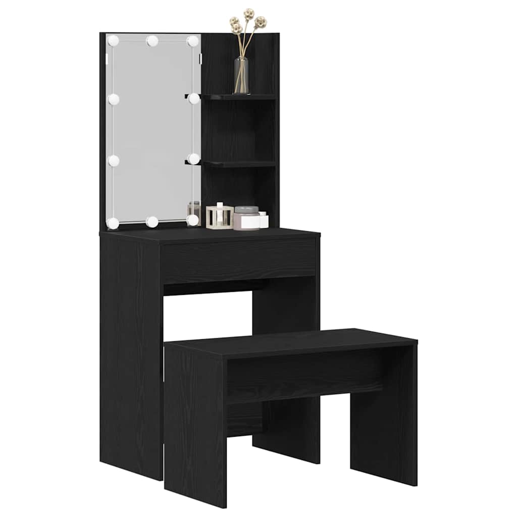 LED Sminkebordsett med speillys 2 pcs Svart Eik Konstruert tre