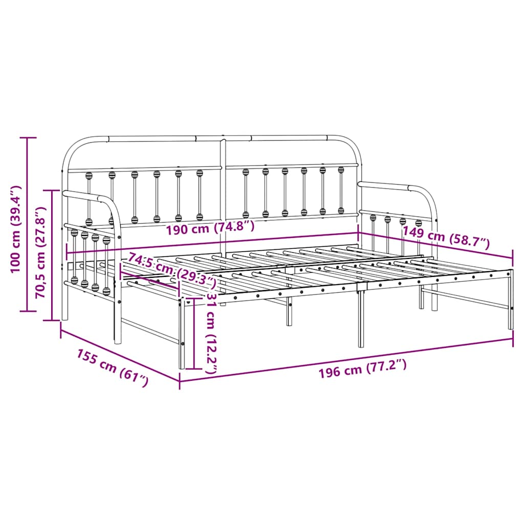 Dagsengeramme med hodegjerde Hvit 75 x 190 cm Stål
