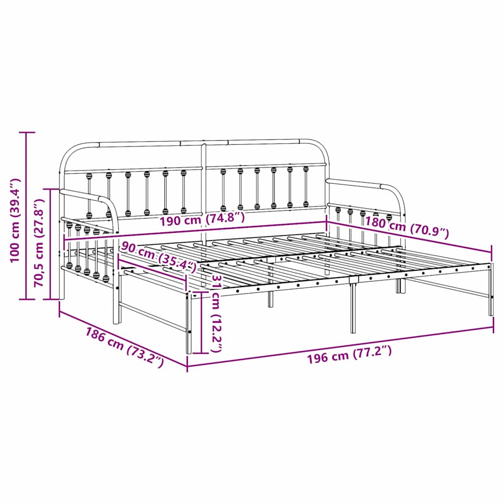 Dagsengeramme Hvit 90 x 190 cm Pulverlakkert stål