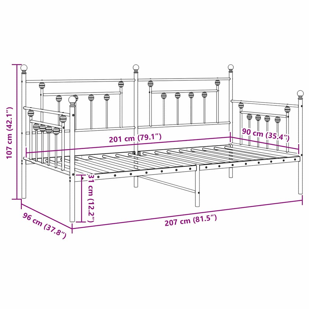 Dagsengeramme med hodegjerde Hvit 90 x 200 cm Stål