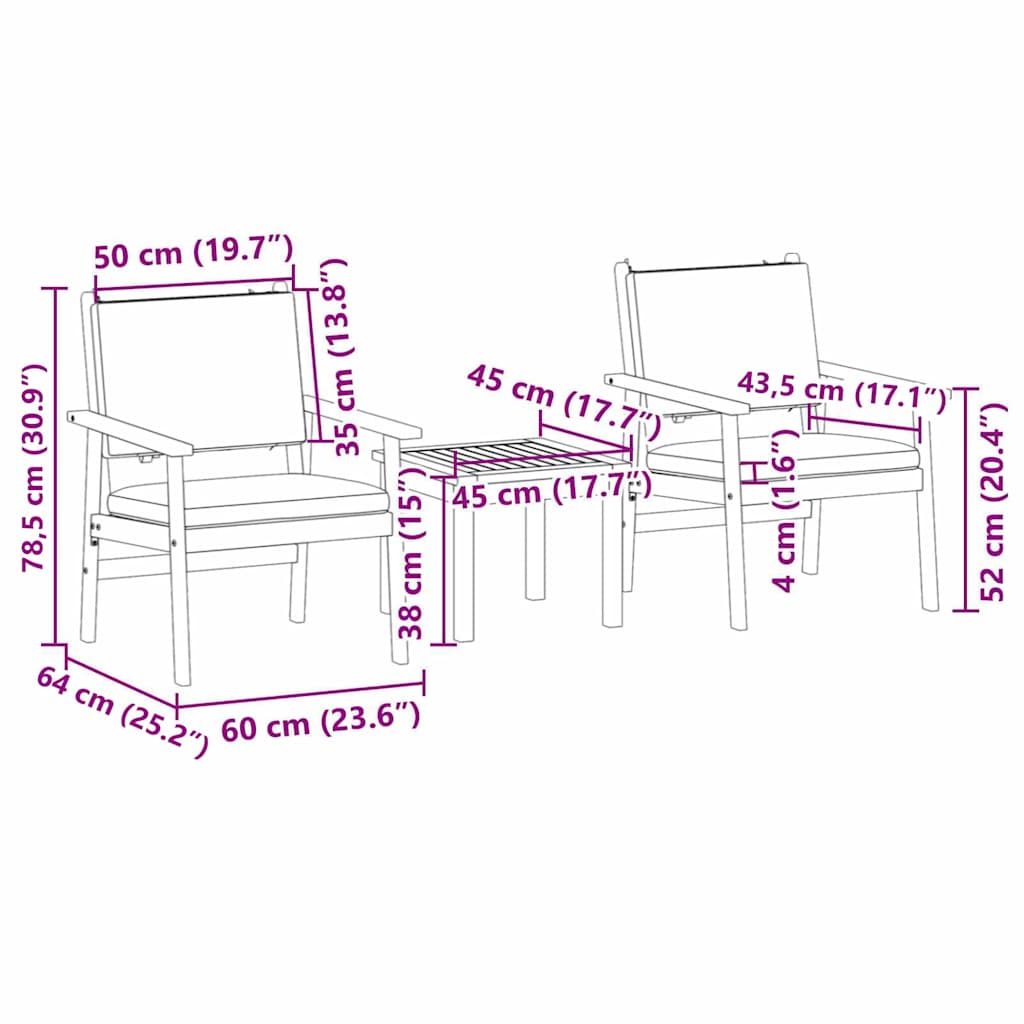 Hagesofa Set 3 pcs Brun 45 x 45 x 38cm Massivt akasietre