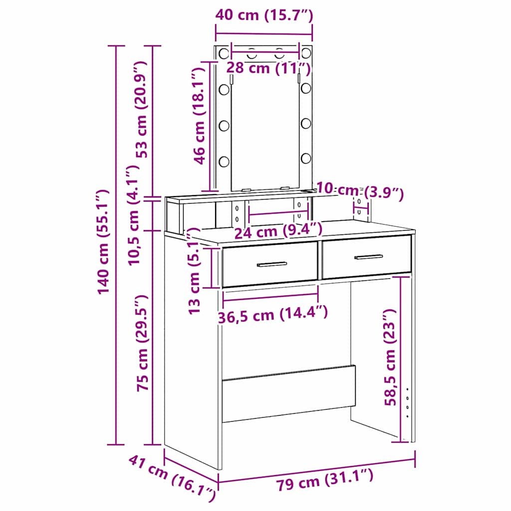 Sminkebord med speillys Svart 79 x 41 x 140 cm Konstruert tre