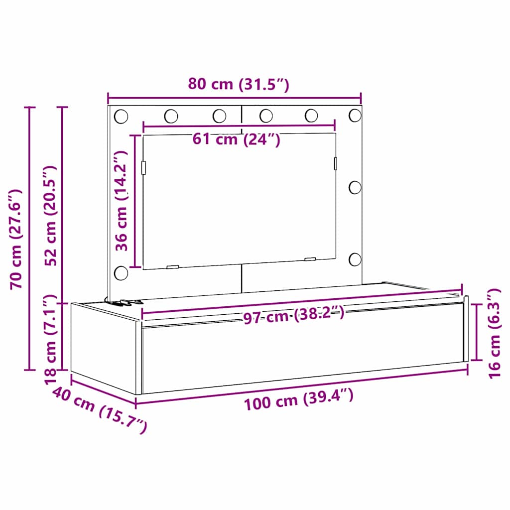 Sminkebord med speillys Grå 100 x 40 x 70 cm Konstruert tre