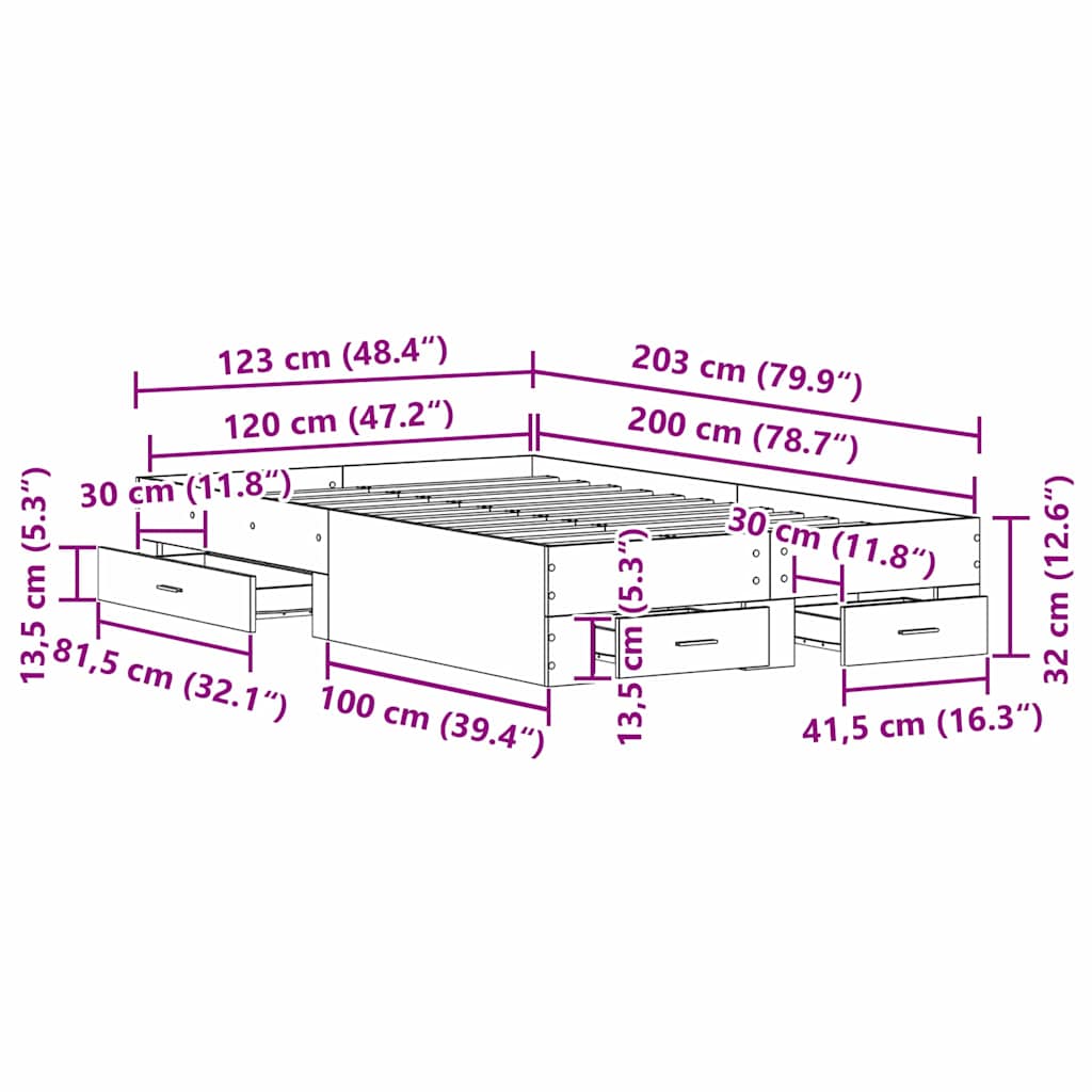 Sengestamme med skuff Gamle tre 120 x 200 cm Konstruert tre