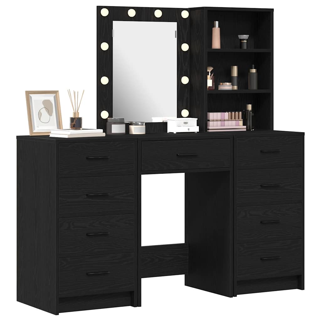 Sminkebord med speillys med skuff 3 pcs Svart Konstruert tre