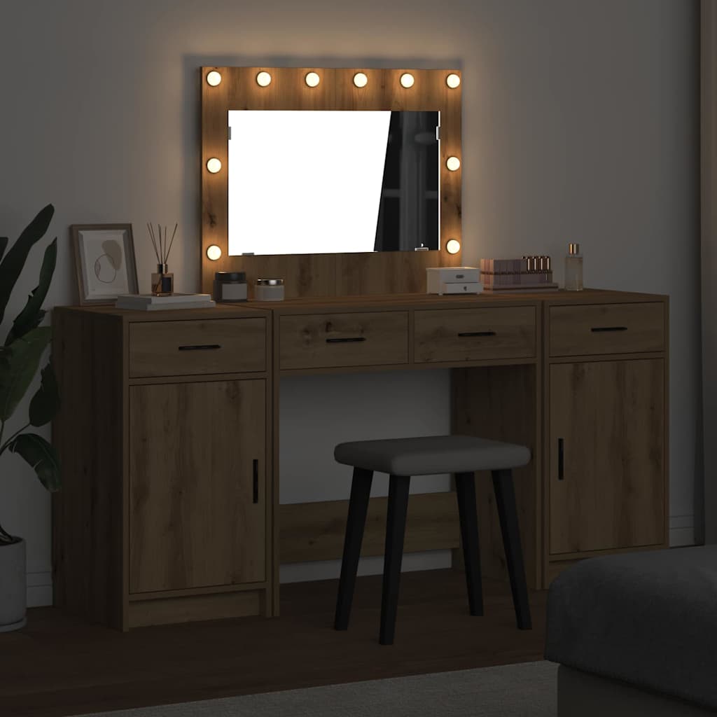 Sminkebord med speillys med skuff 3 pcs Brun Konstruert tre