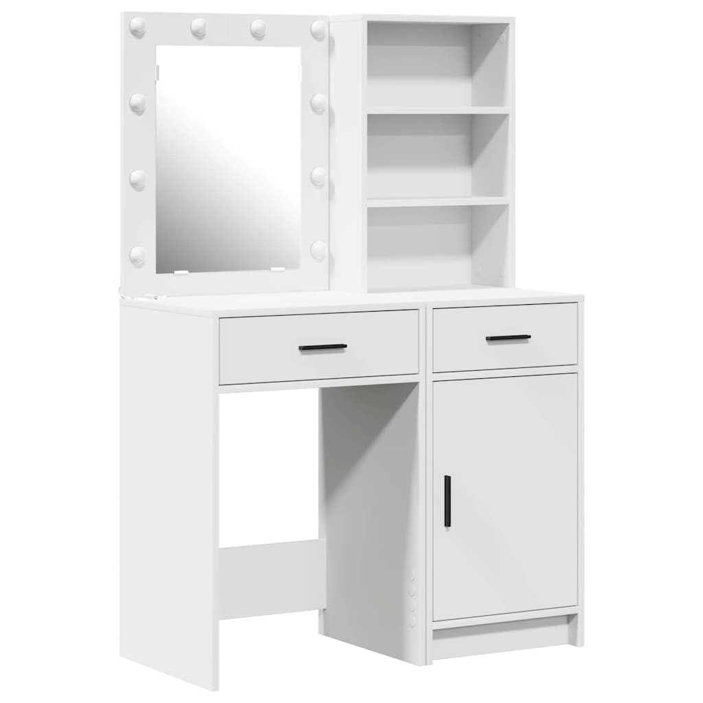 Dressingbordsett med LED med speillys 2 pcs Hvit Konstruert tre