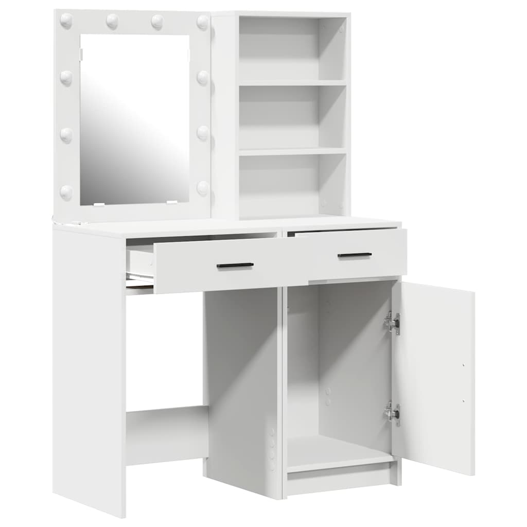 Dressingbordsett med LED med speillys 2 pcs Hvit Konstruert tre