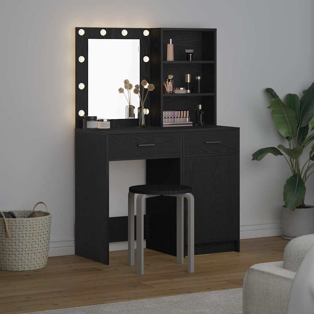 Dressingbordsett med LED med dør 2 pcs Svart Eik Konstruert tre