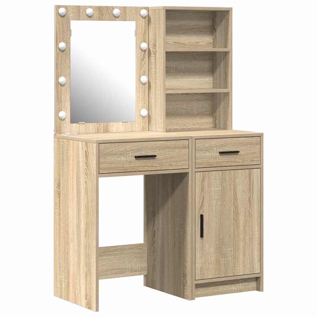 Dressingbordsett med LED 2 pcs Sonoma eik Konstruert tre
